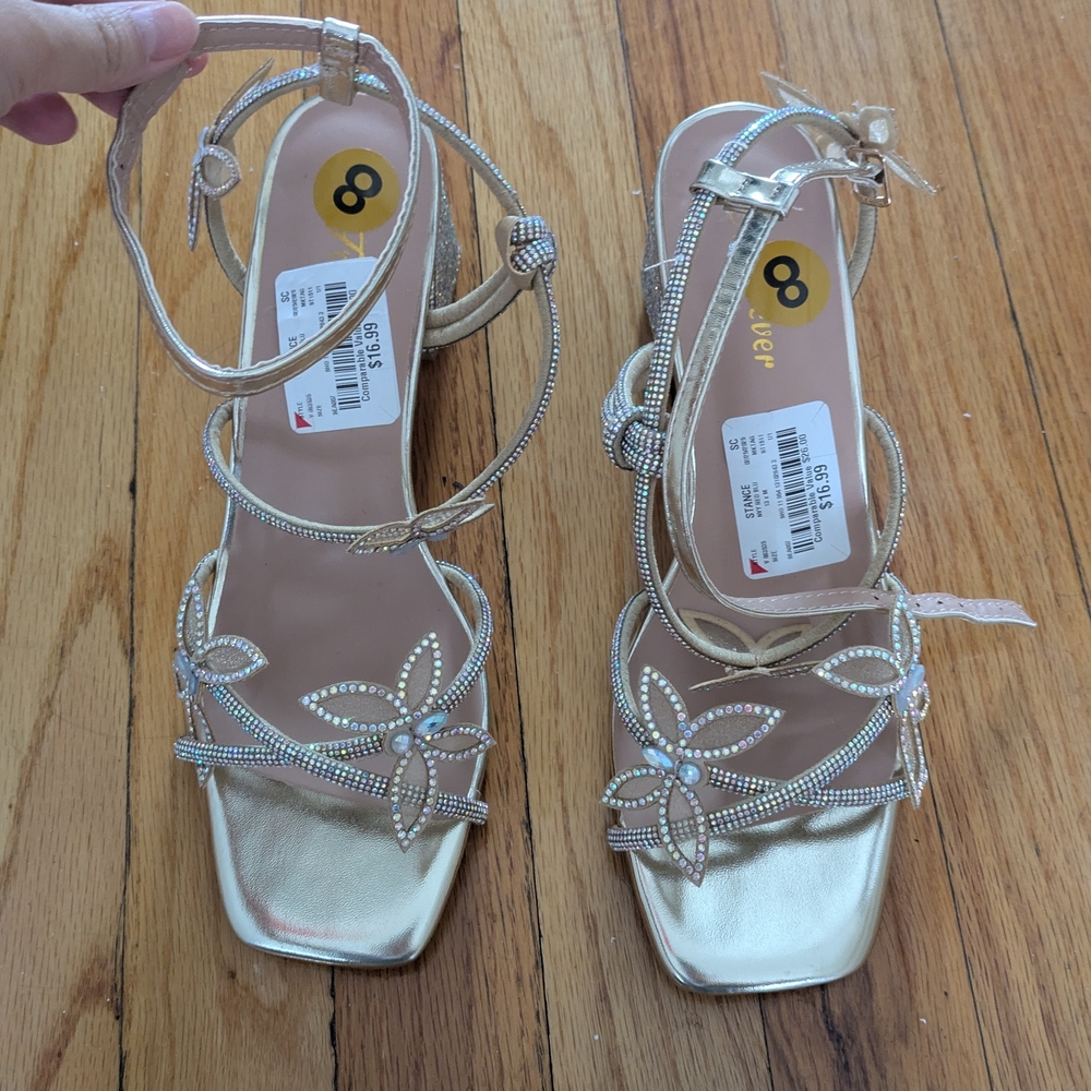 NWT Gold Strappy Heels with Crystal Butterfly Accents Shimmery Square Toe
